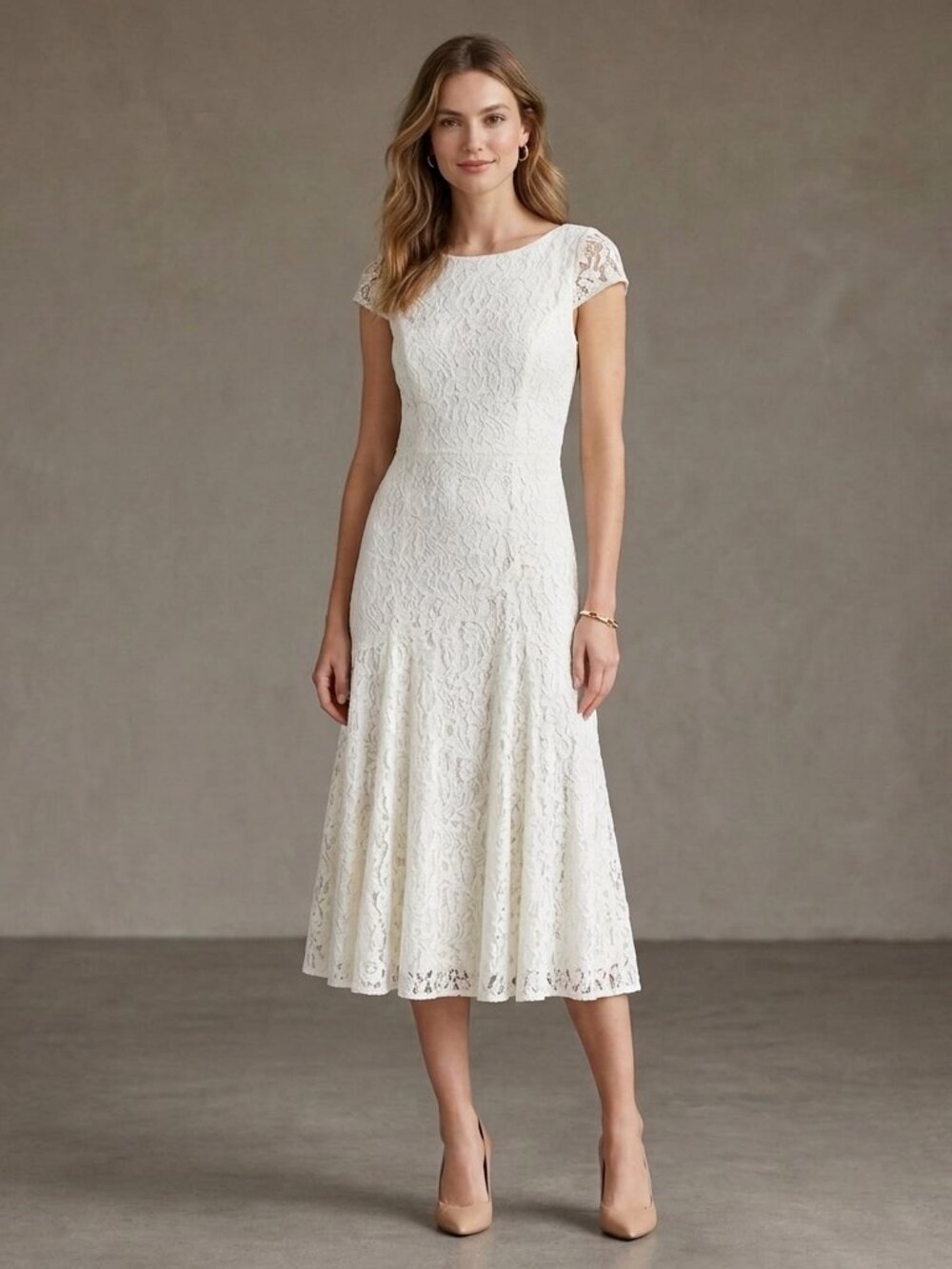 Vince Camuto Ivory White Lace Midi Dress Formal Party Wedding NWT